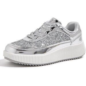 Lucky Step Women's Silver Platform Sneakers Rhinestone Fashion Chunky Shoes